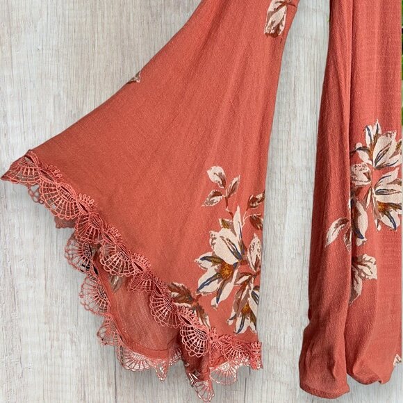 FREE PEOPLE Anthropologie Coral Orange Floral Long Sleeve Boho Shift Dress S - Picture 2 of 4
